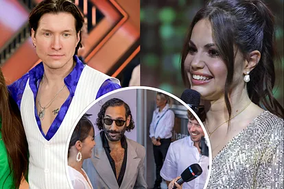 Collage: Evgeny Vinokurov schaut gedankenverloren, Christina Hänni lächelt, mit Mikro in der Hand. Unten im Kreis unterhalten sich Renata, Massimo und Valentin.