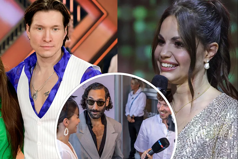Collage: Evgeny Vinokurov schaut gedankenverloren, Christina Hänni lächelt, mit Mikro in der Hand. Unten im Kreis unterhalten sich Renata, Massimo und Valentin.