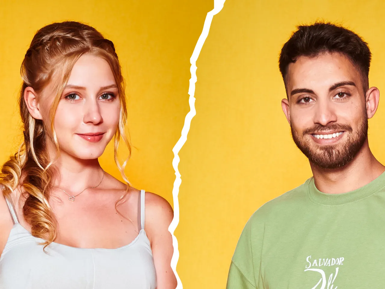 Ein Bild von Loredana Wollny und Servet vor gelbem Hintergrund hat einen Riss. 