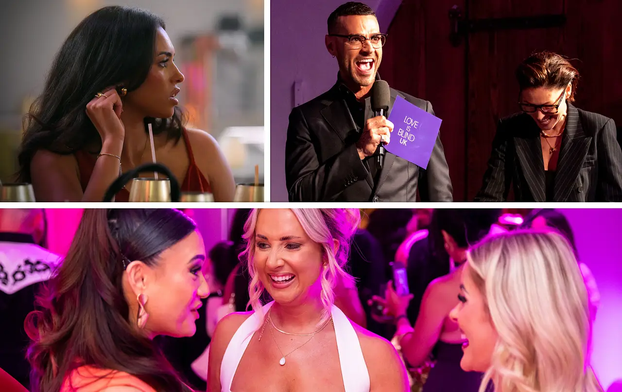 love-is-blind-uk-2-reunion-wiedersehen-wann-sendetermin Collage: Katisha entsetzt, Matt Willis and Emma Willis betreten freudig die Bühne, Bardha unterhält sich bei Netflix-Party. - Foto: (StillMoving.Net for) Netflix