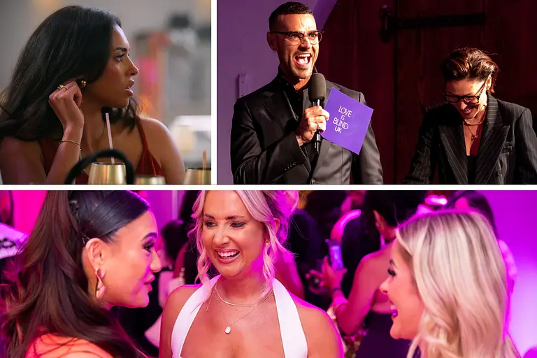 Collage: Katisha entsetzt, Matt Willis and Emma Willis betreten freudig die Bühne, Bardha unterhält sich bei Netflix-Party. 