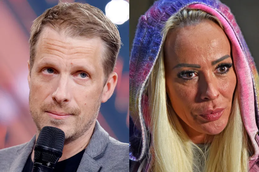 Links: Oliver Pocher am Mikrofon, Rechts: Cora Schumacher. Nach Affären-Drama sprechen die beiden so offen, wie nie zuvor.