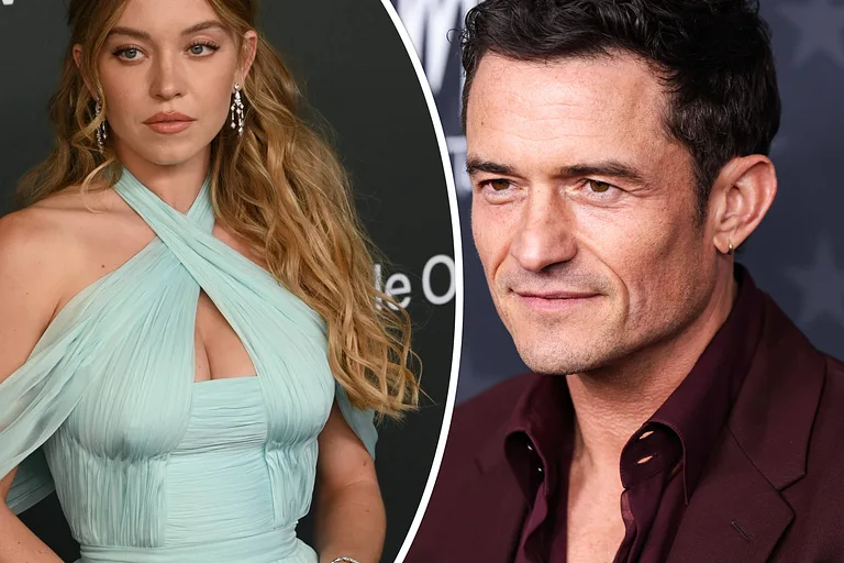 Orlando Bloom im roten Azug und Sydney Sweeney im hellblauen Kleid.