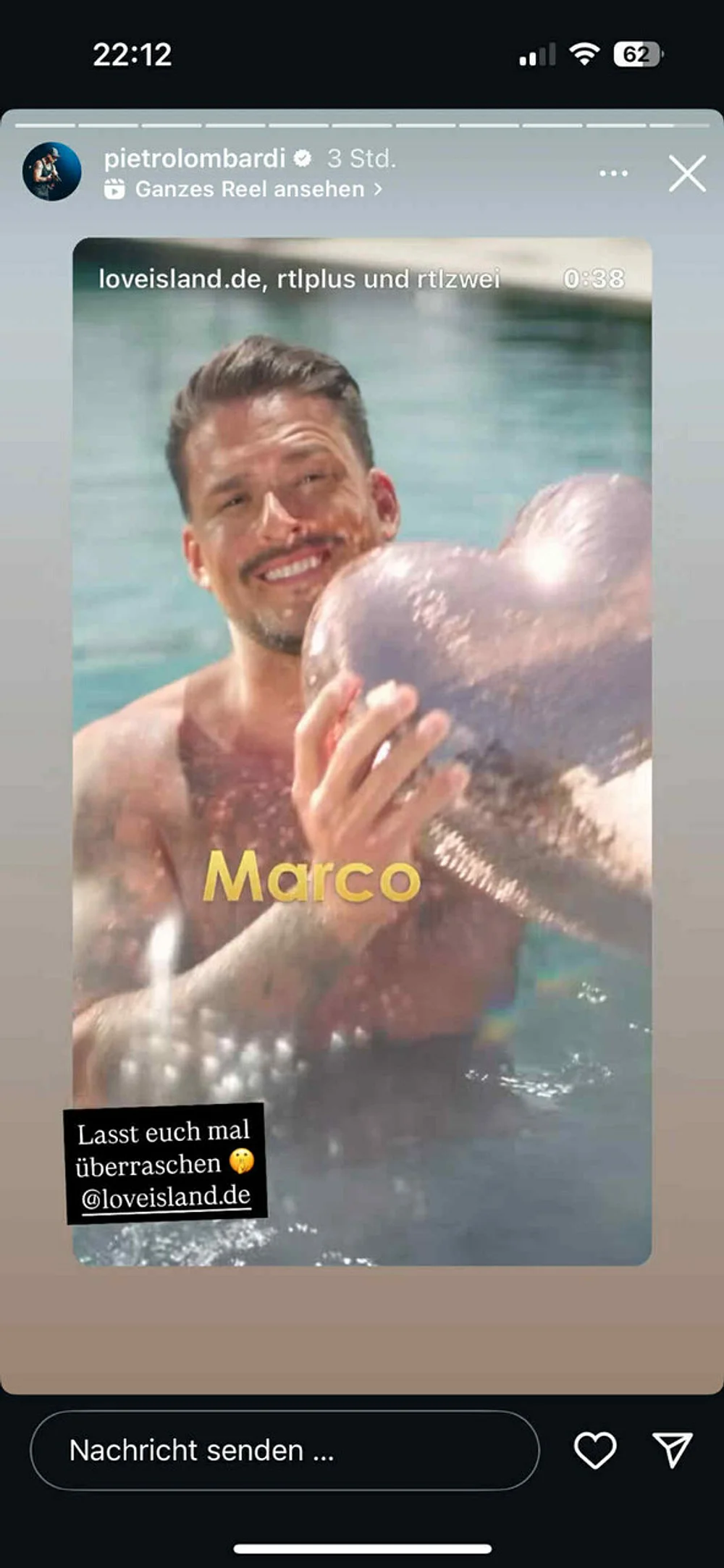 Szene aus der neuen "Love Island VIP"-Staffel mit Marco: Pietro Lombardi teilte das Video in seiner Instagram-Story und schrieb dazu "Lasst euch mal überraschen".