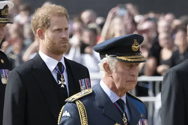 Prinz Harry steht mit ernster Miene hinter seinem Vater König Charles. Dieser sieht ebenfalls nicht sehr amüsiert aus.