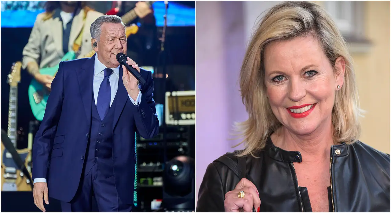 roland Ein zweigeteiltes Bild. Links singt Roland Kaiser auf der Bühne ins Mikrofon, rechts lächelt Anja Schüte in die Kamera. - Foto: IMAGO / BREUEL-BILD / Future Image