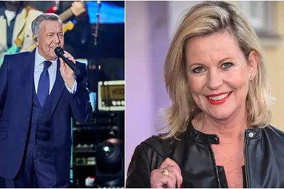 Ein zweigeteiltes Bild. Links singt Roland Kaiser auf der Bühne ins Mikrofon, rechts lächelt Anja Schüte in die Kamera.