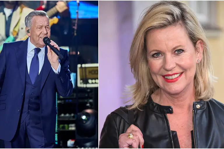 Ein zweigeteiltes Bild. Links singt Roland Kaiser auf der Bühne ins Mikrofon, rechts lächelt Anja Schüte in die Kamera.