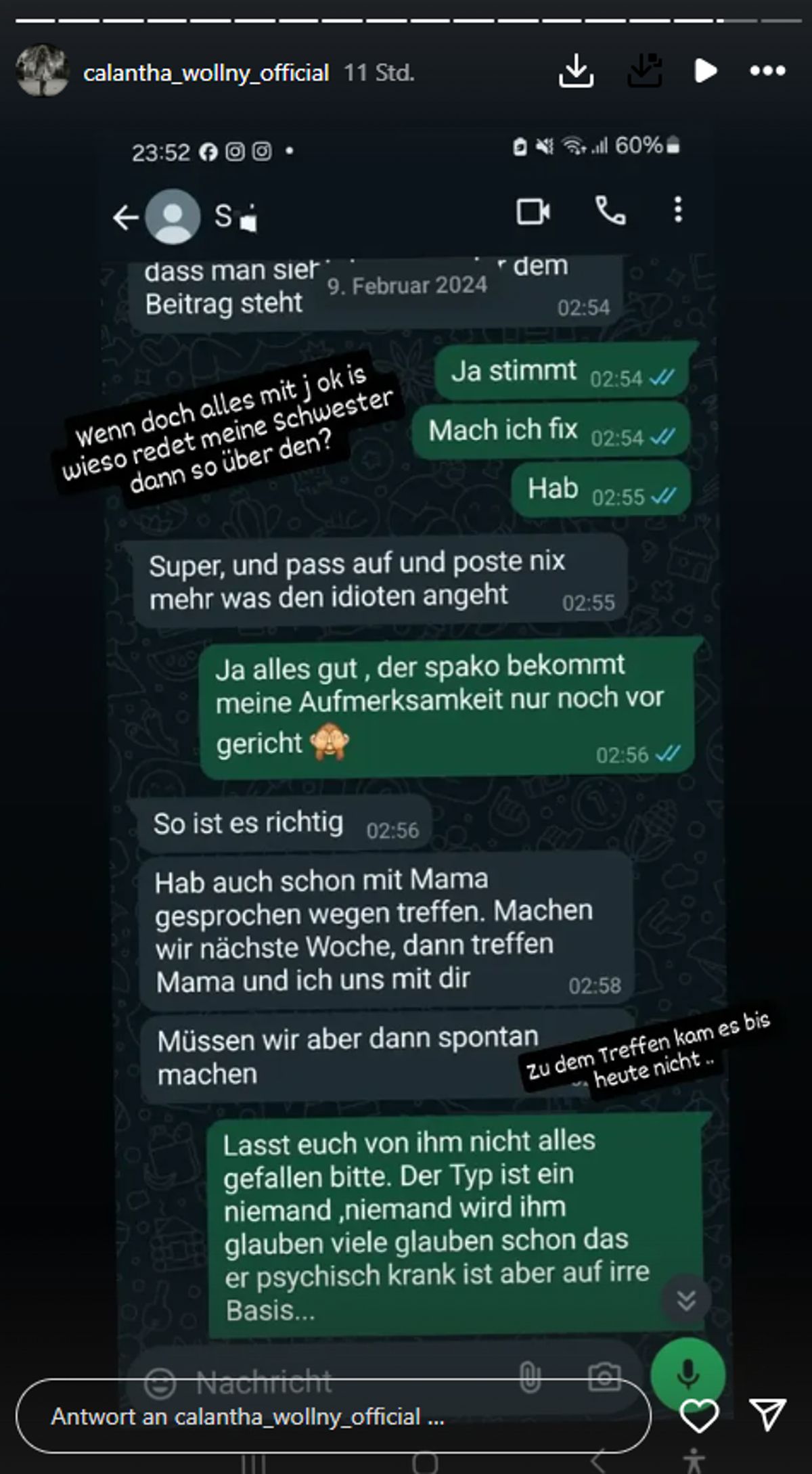 Screenshot Chat Calantha Wollny-Sarah Jane über Jeremy-Pascal