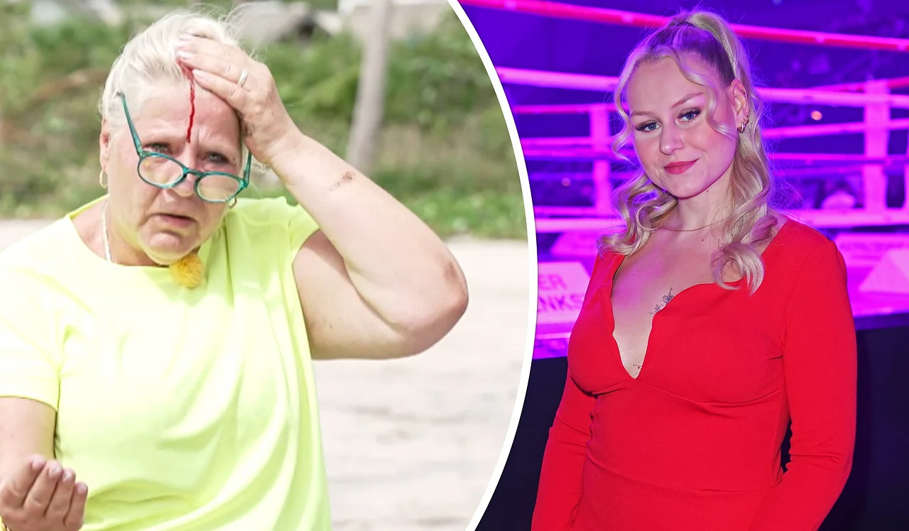 Collage: Siliva Wollny mit Platzwunde links, Sarah-Jane Wollny im roten Kleid rechts