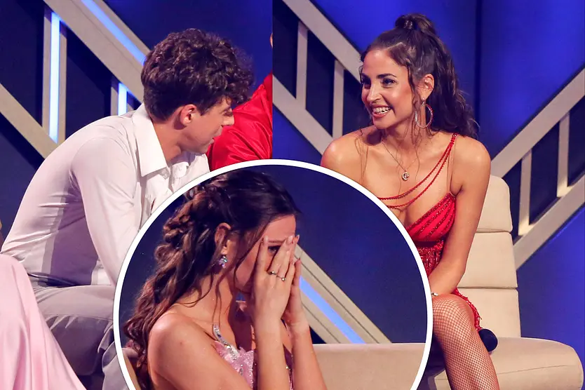 Collage: Valentin Lusin schaut Ekaterina Leonova fragend an, während sich Ex-"Let's Dance"-Teilnehmerin Ann-Kathrin Bendixen die Hände vors Gesicht hält. 