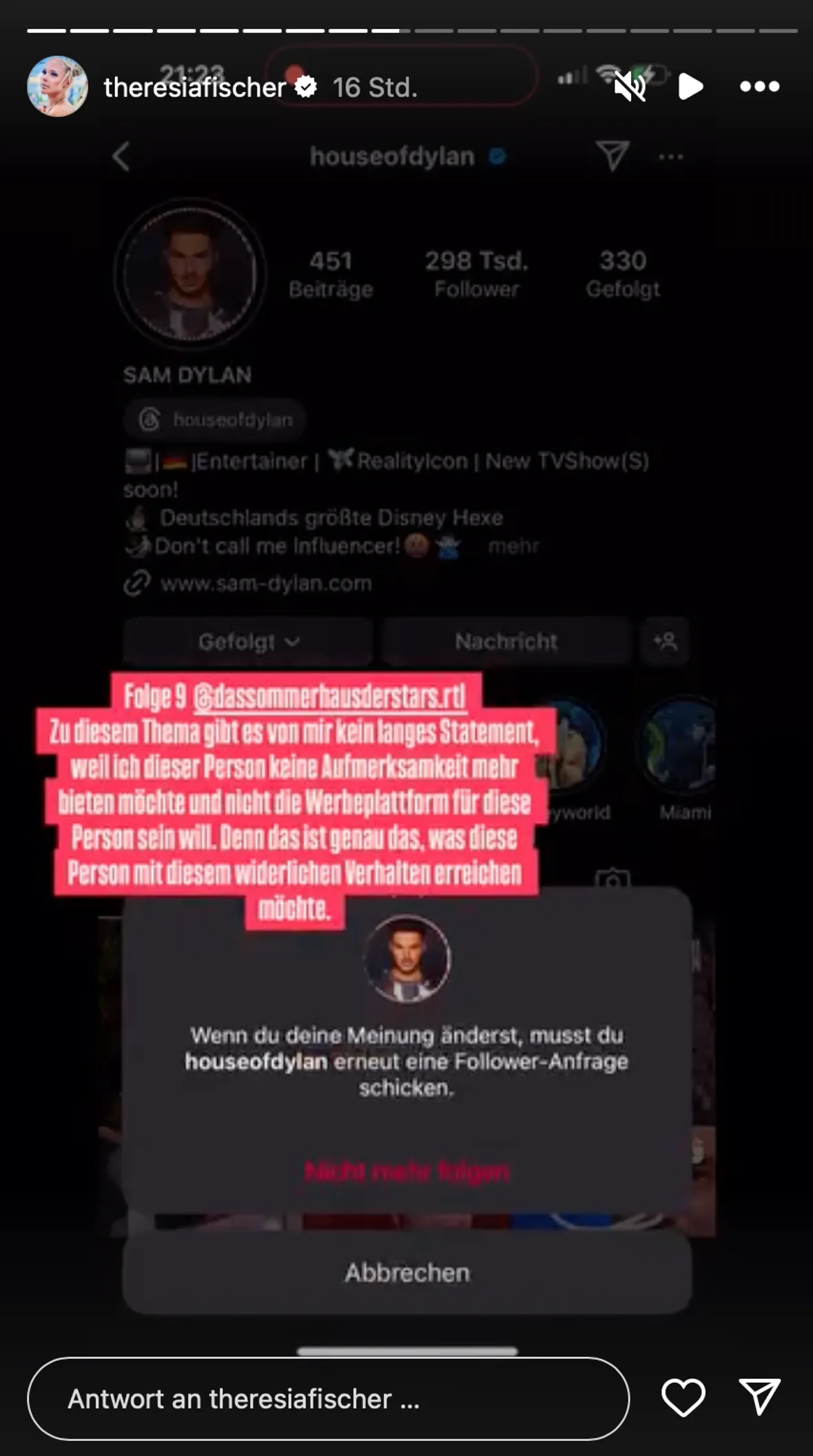 Hier endet eine Reality-TV-Freundschaft: Screenshot aus der Insta-Story von Theresia Fischer. Hier endet eine Reality-TV-Freundschaft: Screenshot aus der Insta-Story von Theresia Fischer.