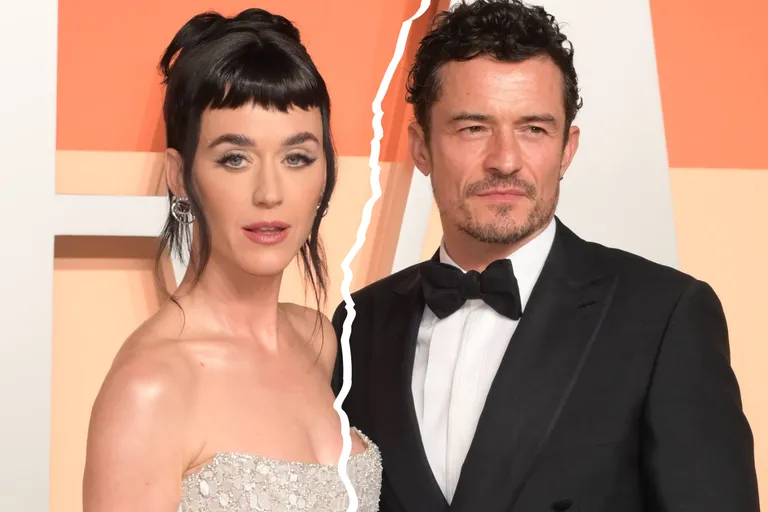 Katy Perry und Orlando Bloom auf dem Red Carpet, auf dem Bild getrennt durch einen Riss.