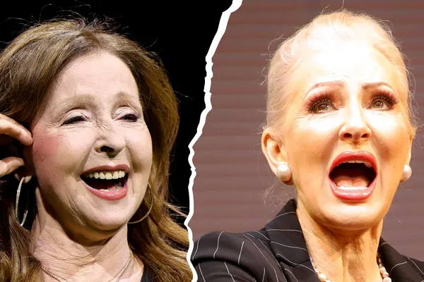 Fotocollage. Vicky Leandros lacht und Desirée Nick öffnet mahnend den Mund. Wurde ihr der Mann ausgespannt?