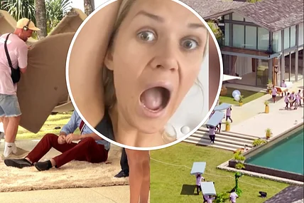Collage: Links und rechtes Aufnahmen von "Villa der Versuchung"-Mitarbeitern, die Möbel wegräumen, mittig im Kreis Sara Kulka, mit aufgerissenem Mund. 