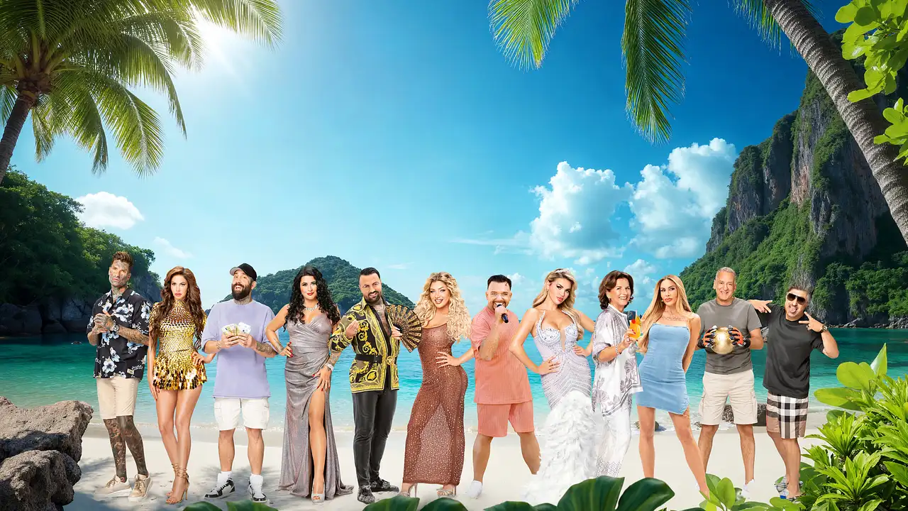 Der Cast von Promis unter Palmen auf einem Strandhintergrundbild in Thailans