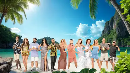 Der Cast von Promis unter Palmen auf einem Strandhintergrundbild in Thailans