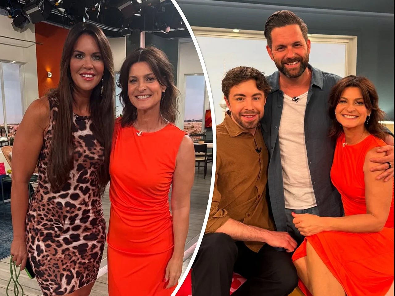 wut-nach-sat-1-fruehstuecksfernsehen-mit-marlene-lufen-matthias-killing Collage: Links posieren Martina Reuter und Marlene Lufen in hautengen Kleidern, rechts Benedikt Amara, Matthias Killing und Marlene Lufen kuschelnd und grinsend. - Foto: Instagram/Fruehstuecksfernsehen